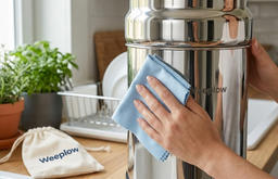 Nettoyage de la cuve en acier inoxydable d'un filtre Weeplow avec le chiffon en coton du kit d'entretien